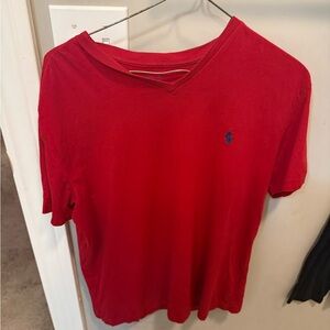 Polo by Ralph Lauren Red V-neck T-Shirt with Blue Logo size small